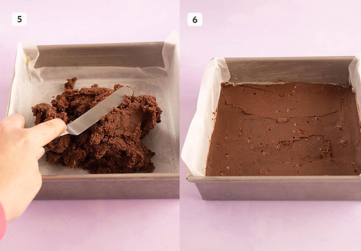 Step by step photos showing how to spread out chocolate slice batter.