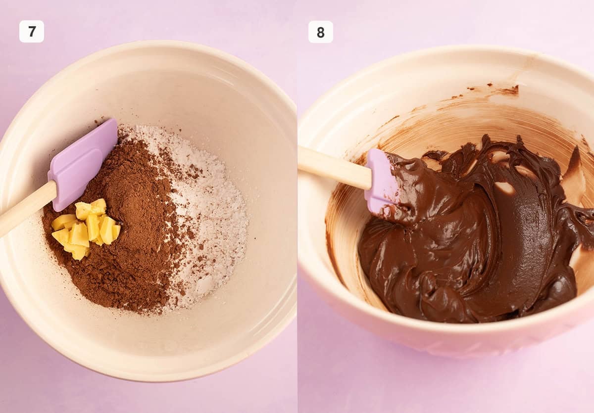 Beautiful chocolate frosting in a large mixing bowl.