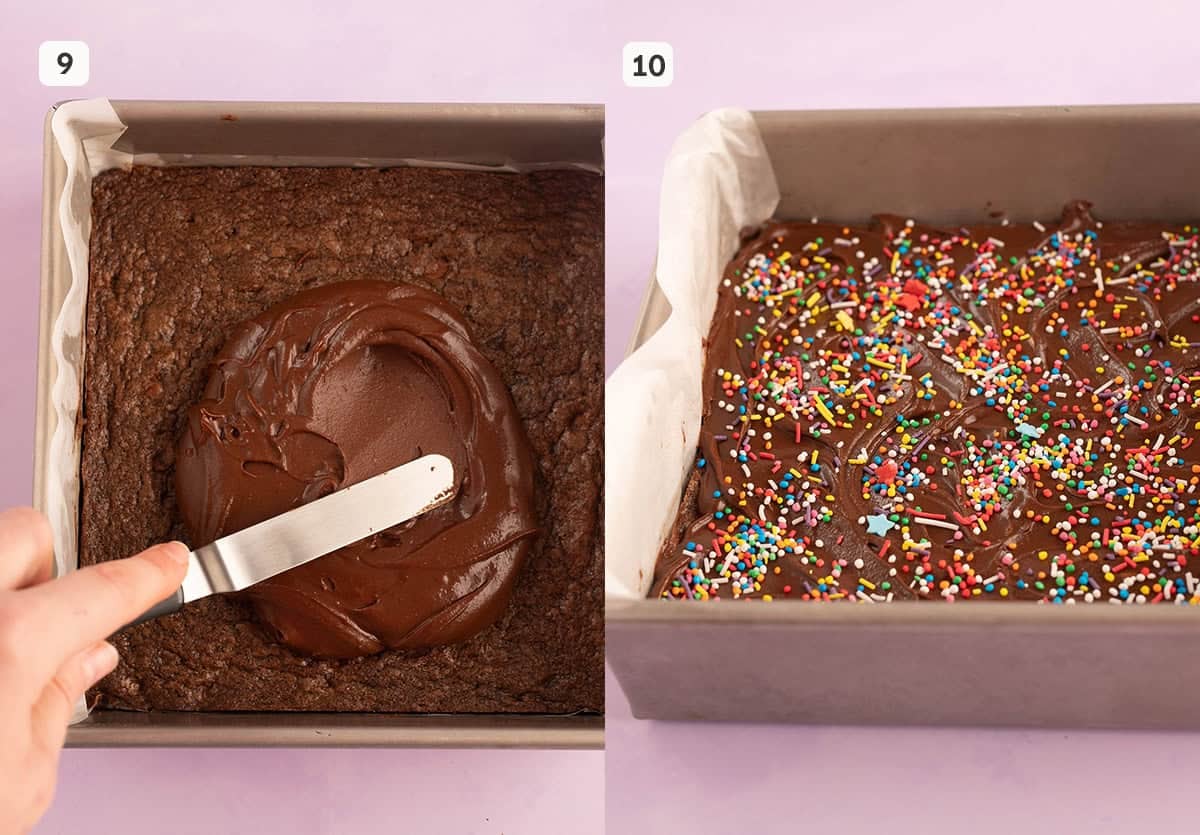 A thick frosting being spread on a chocolate slice with sprinkles.