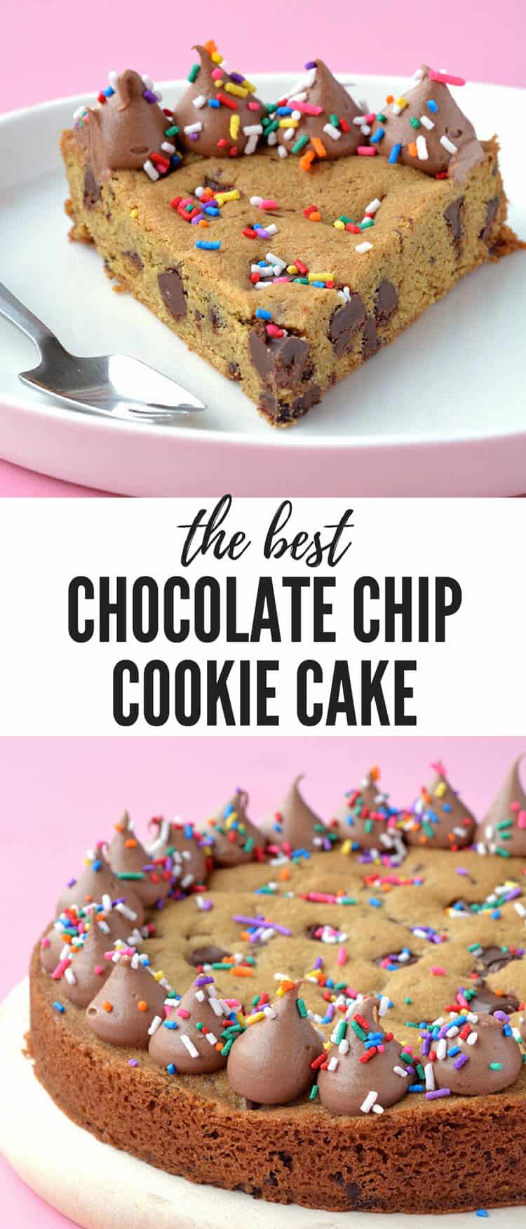 You'll LOVE this gorgeous Chocolate Chip Cookie Cake! Topped with creamy chocolate frosting, it's perfect for your next birthday or celebration. Recipe on sweetestmenu.com #cookie #cake #dessert #birthday #sprinkles