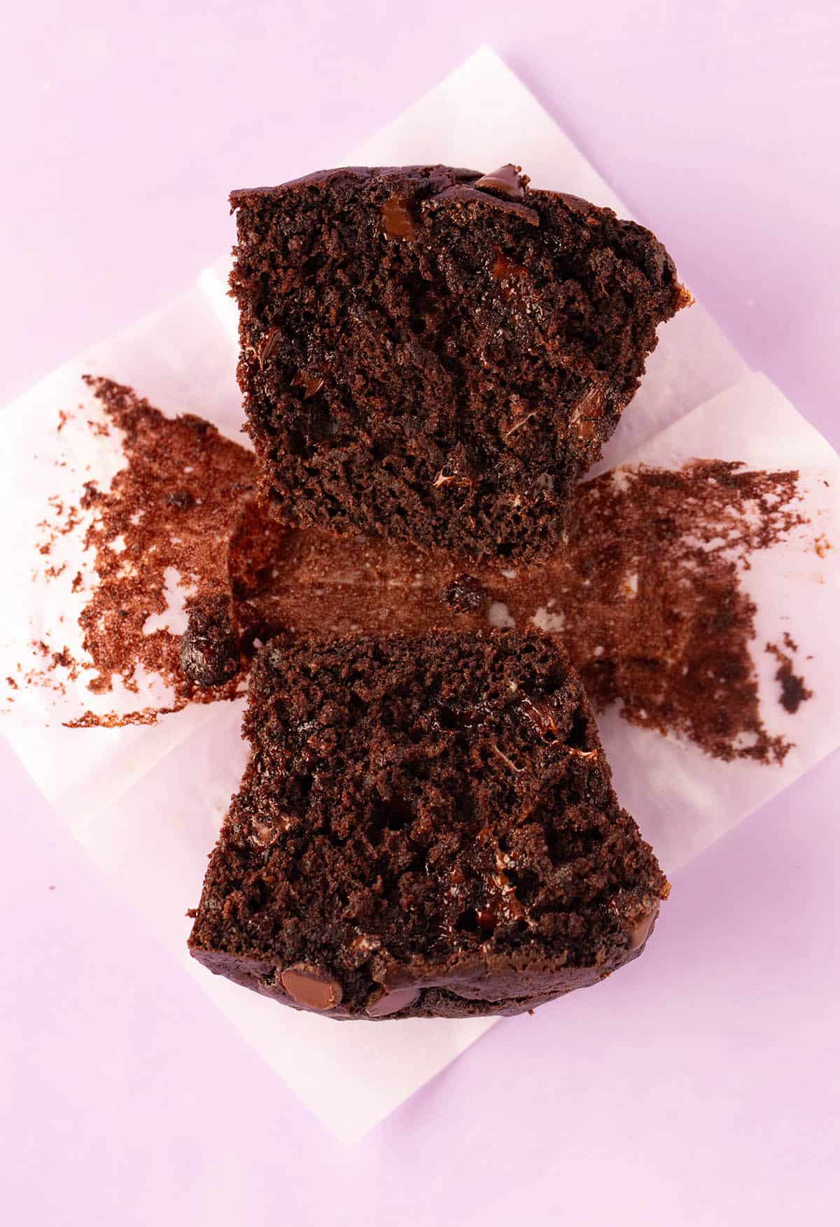 Top view of a beautiful Chocolate Muffin sliced in half.