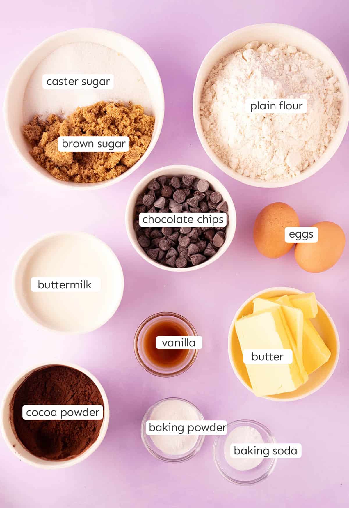 All the ingredients needed to make Chocolate Muffins from scratch on a purple backdrop.
