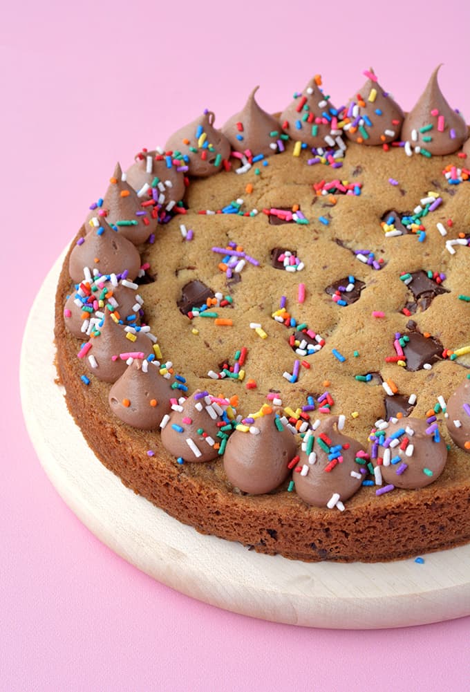 Top view of a Giant Chocolate Chip Cookie Cake