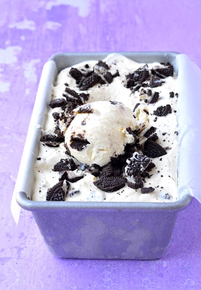 A scoop of homemade Oreo Cookies and Cream Ice Cream