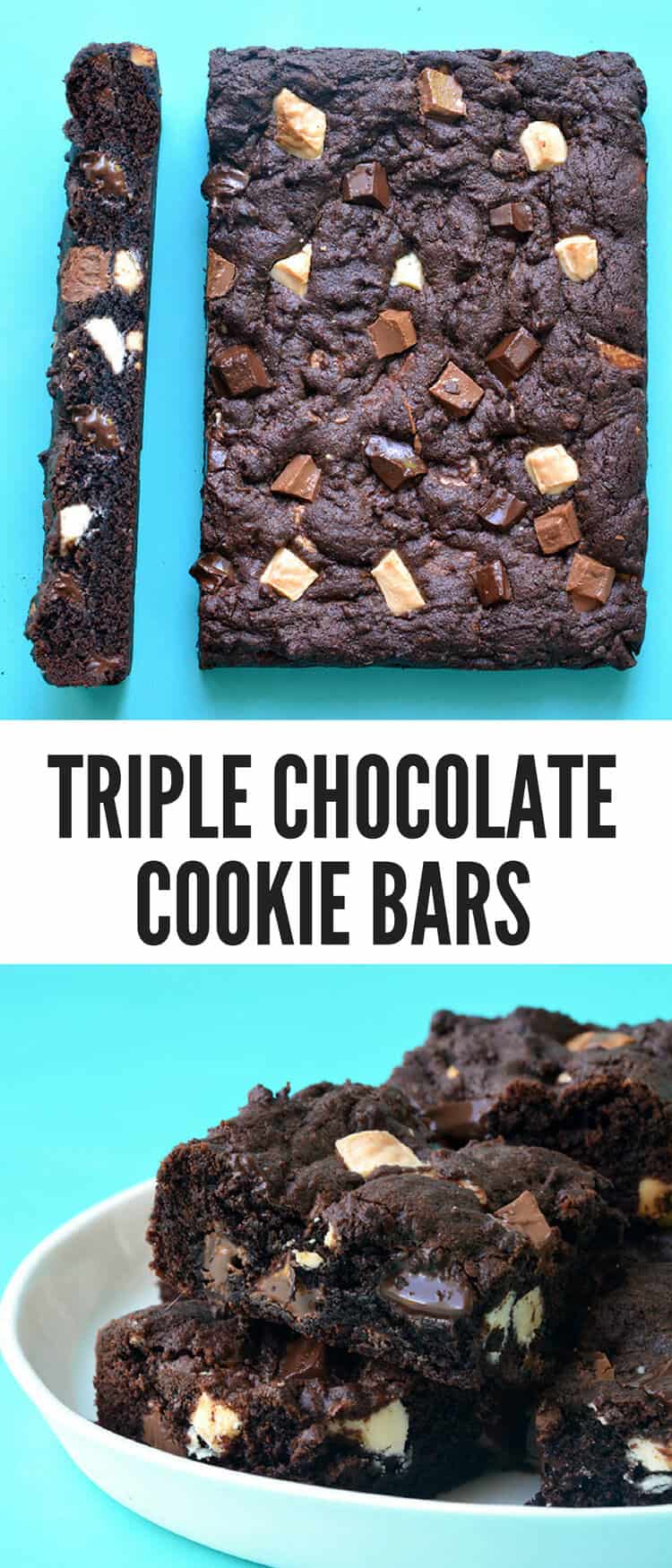 You will LOVE these Triple Chocolate Chunk Cookie Bars! Deliciously soft and chewy stuffed with milk chocolate, dark chocolate AND white chocolate. Find the easy recipe on sweetestmenu.com #chocolate #bars #cookies