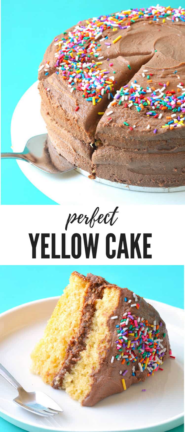 This gorgeous Yellow Cake is perfect for your next party or celebration! Two layers of soft vanilla cake covered in creamy Nutella frosting and sprinkles. Recipe from sweetestmenu.com #cake #nutella #sprinkles #party