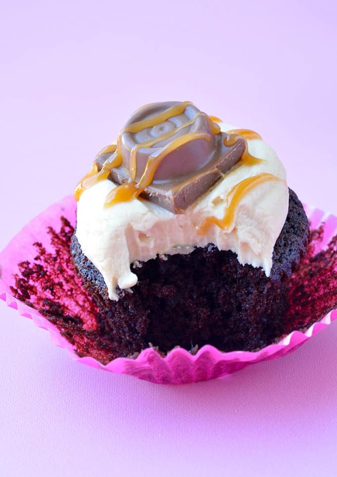 Salted Caramel Chocolate Cupcake with a bite taken out of it