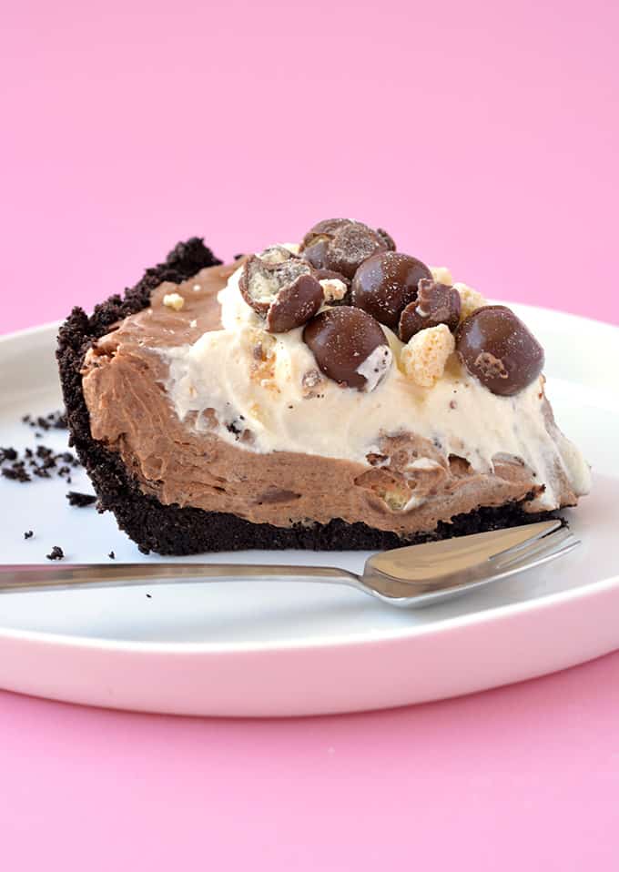 A slice of Chocolate Malt Pie on a white plate