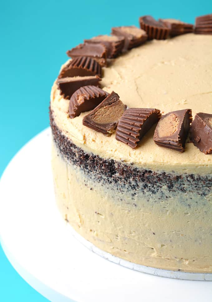 Close up of a Peanut Butter Chocolate Layer Cake