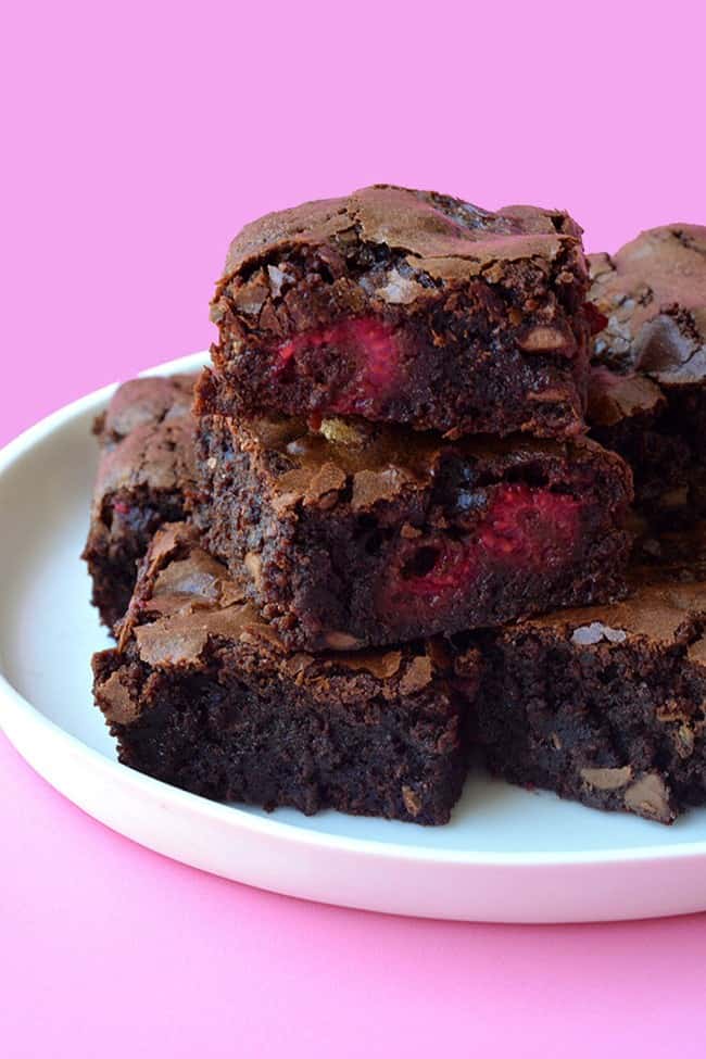 A stack of raspberry chocolate brownies