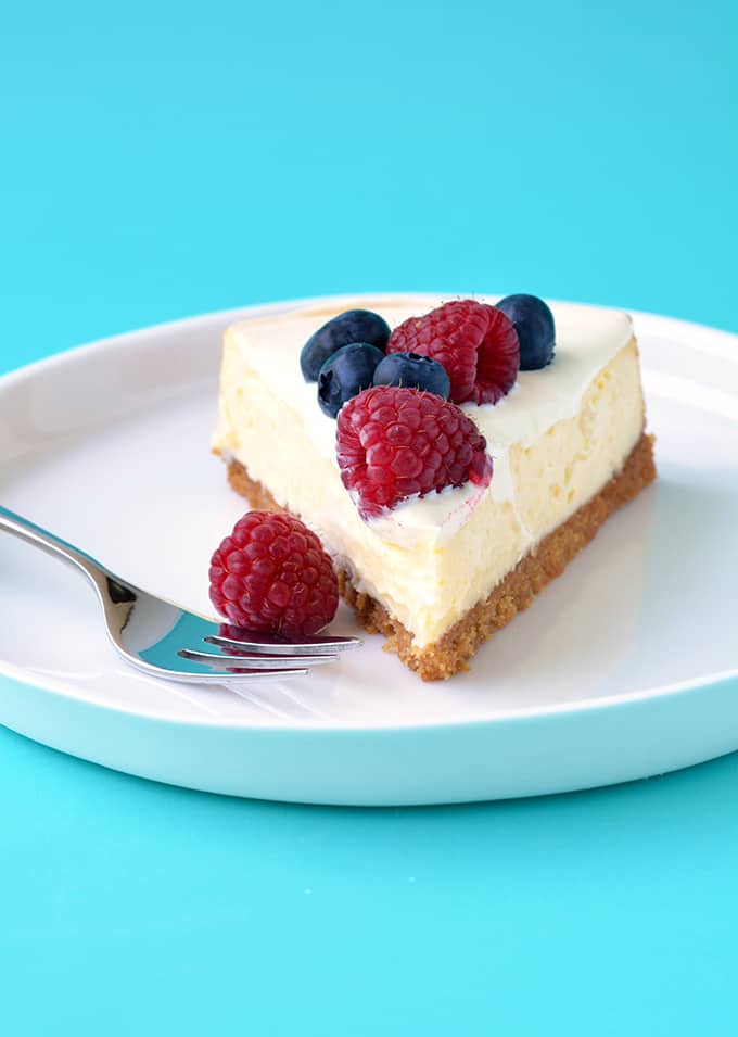 Close up of a slice of Sour Cream Cheesecake