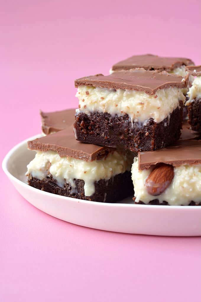 A plate of Almond Joy Coconut Brownies
