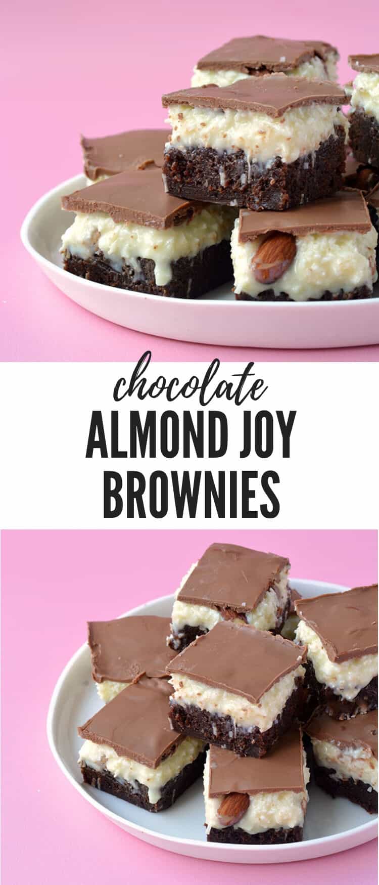 Deliciously fudgy Almond Joy Coconut Brownie Bars perfect for sharing. Topped with creamy coconut, roasted almonds and milk chocolate, these gorgeous brownies are one decadent dessert. Recipe from sweetestmenu.com #brownies #coconut #chocolate #almondjoy
