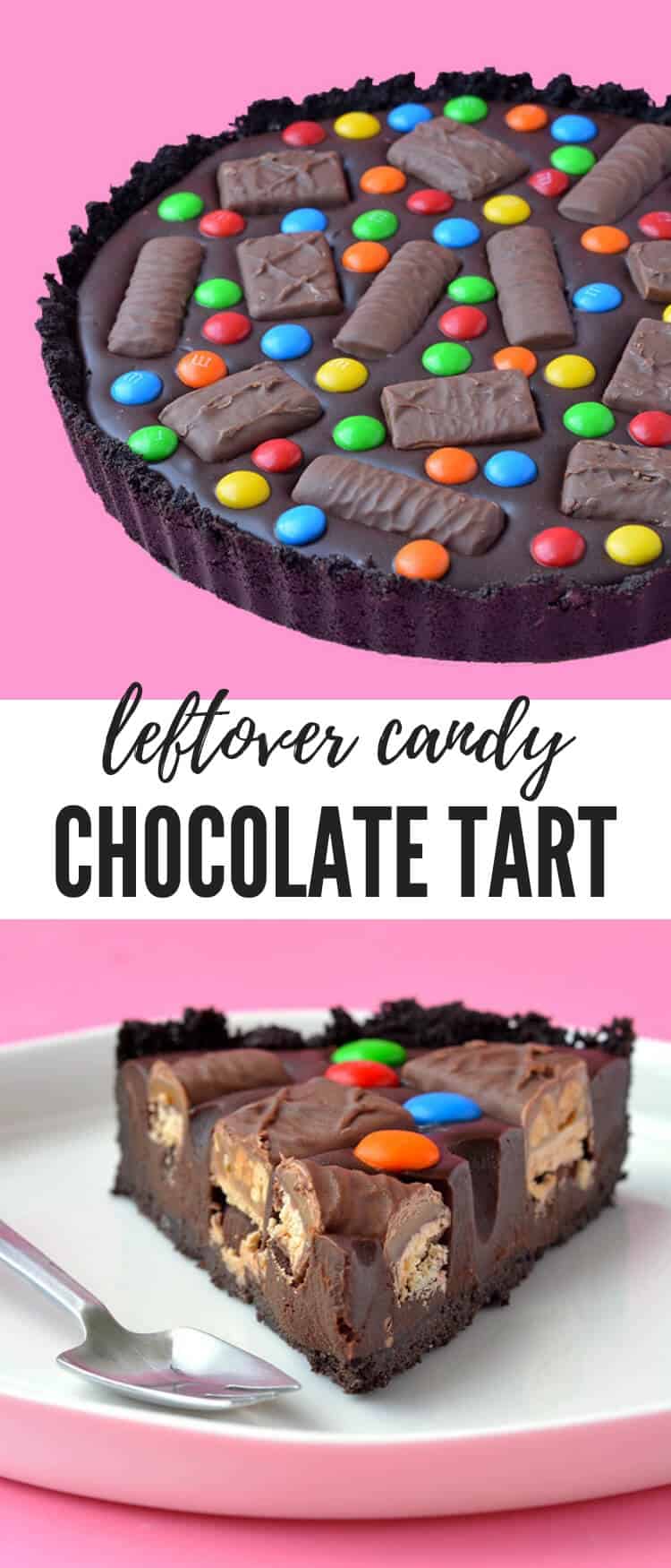 Leftover Halloween candy? Try this Candy Bar Chocolate Tart made from scratch. With an Oreo crust, a creamy dark chocolate ganache filling and plenty of candy, it's the perfect no bake dessert. Recipe from sweetestmenu.com #chocolate #pie #candy #halloween #dessert