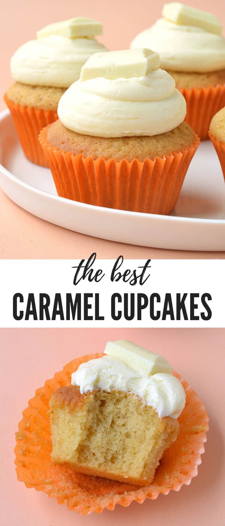 These are hands down the BEST Caramel Cupcakes I've ever had. Made with brown sugar and white chocolate, these cupcakes are topped with a luscious white chocolate buttercream. Recipe on sweetestmenu.com #cupcakes #caramel #cake #whitechocolate