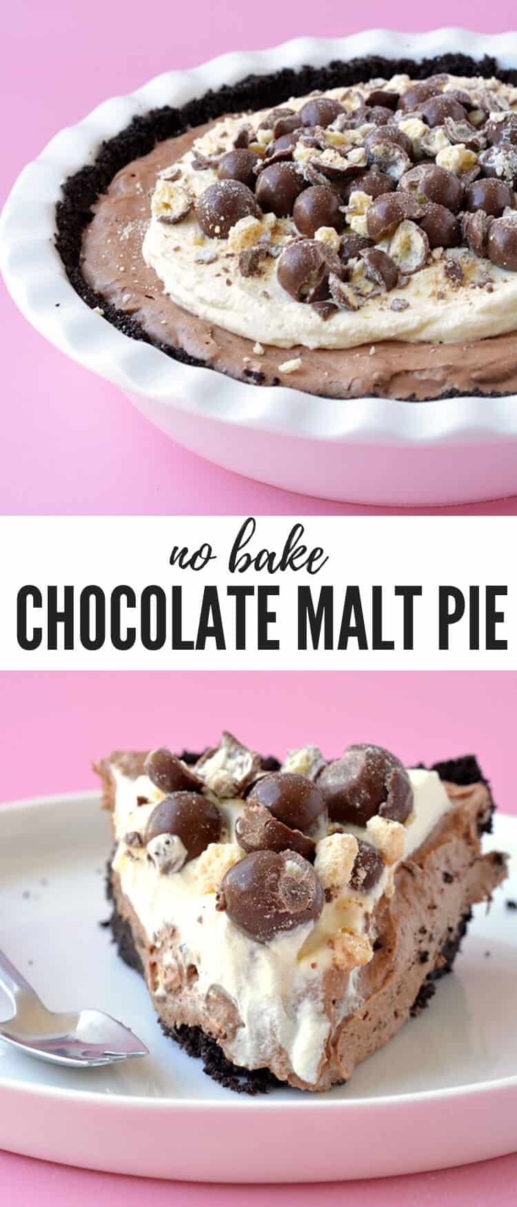 A delicious and easy Chocolate Malt Mousse Pie made from scratch! This no bake pie has an Oreo crust, a chocolate malt filling and is topped with whipped cream and Malteser chocolates. Recipe from sweetestmenu.com #pie #oreos #chocolate #malt #dessert