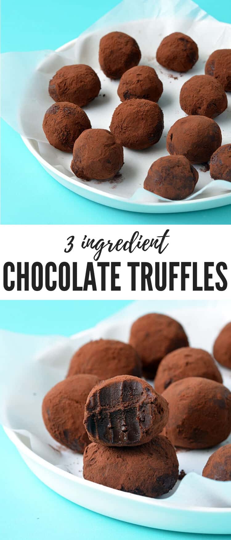 Smooth and creamy three ingredient Dark Chocolate Ganache Truffles. Rolled in cocoa powder, they're a sweet gluten free treat for chocoholics everywhere. Recipe from sweetestmenu.com #truffles #chocolate #dessert #glutenfree
