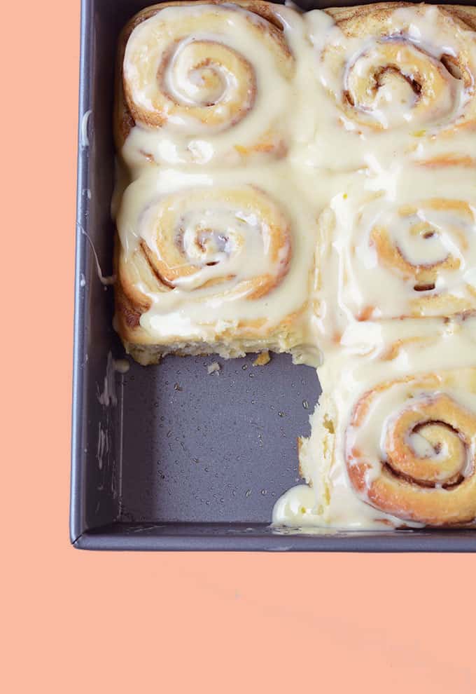 A tray of homemade cinnamon rolls fresh from the oven
