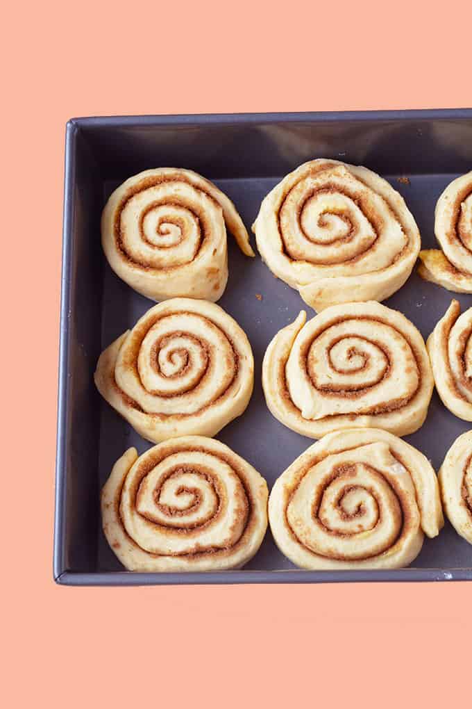 A tray of Cinnamon Rolls waiting to rise