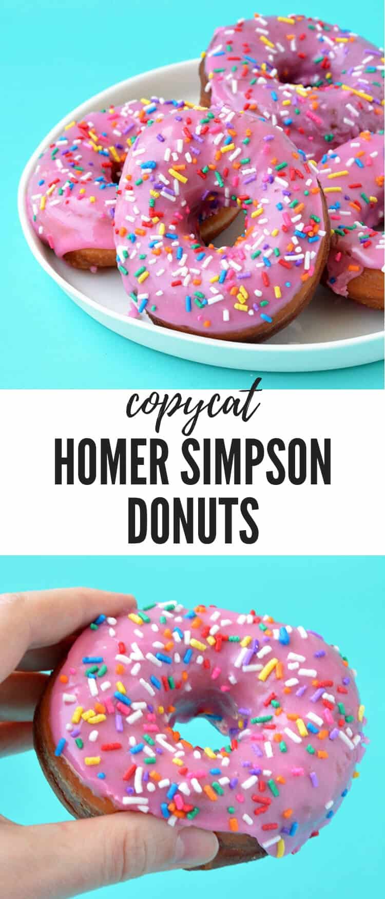 Fan of The Simpsons? You'll love munching on these Homer Simpson Donuts. Deep-fried and topped with a sweet pink glaze and loads of funfetti sprinkles, they're the ultimate donut. Recipe from sweetestmenu.com #donuts #doughnuts #sprinkles #funfetti