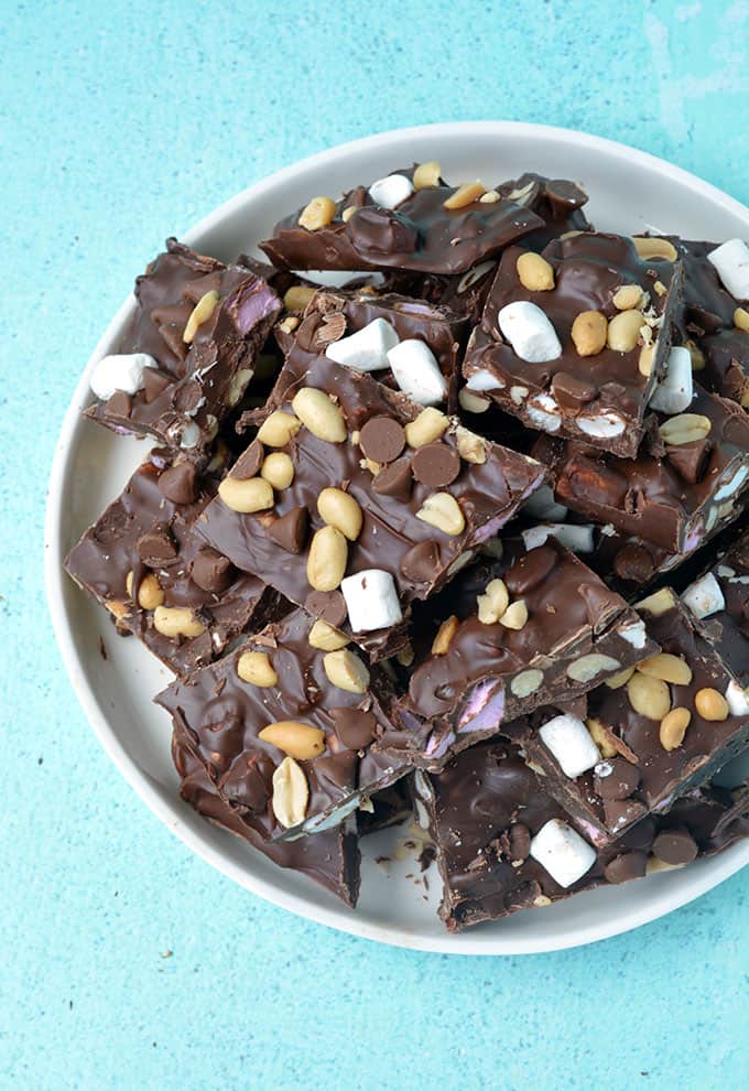 Top view of a plate of Nutella Rocky Road Bark
