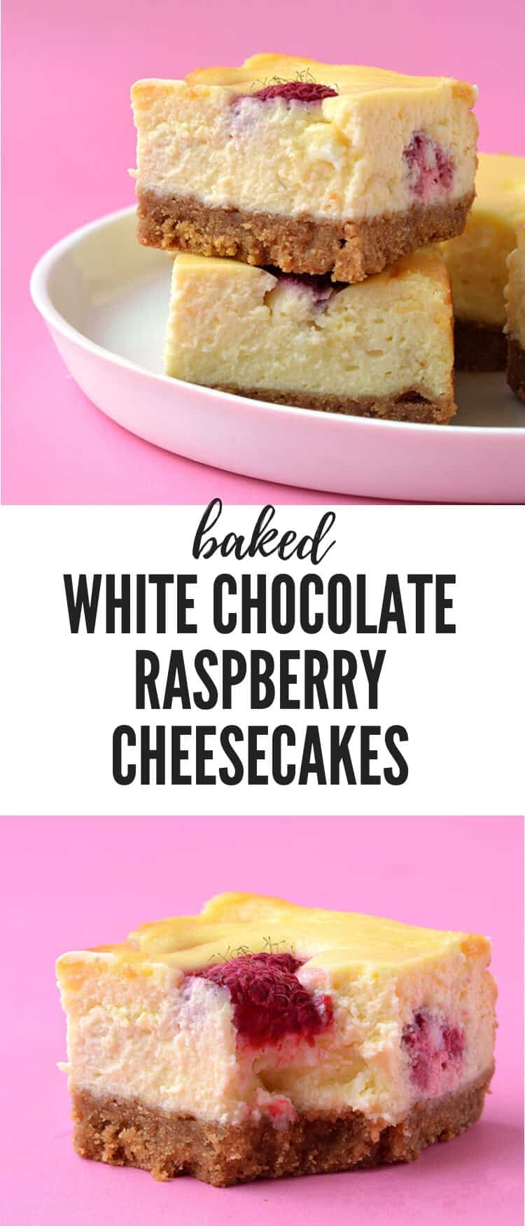 Baked White Chocolate Raspberry Cheesecake Bars made with fresh raspberries. Creamy and smooth, these easy cheesecake are so easy to make - no water bath needed. Recipe from sweetestmenu.com #cheesecake #raspberries #raspberry #whitechocolate