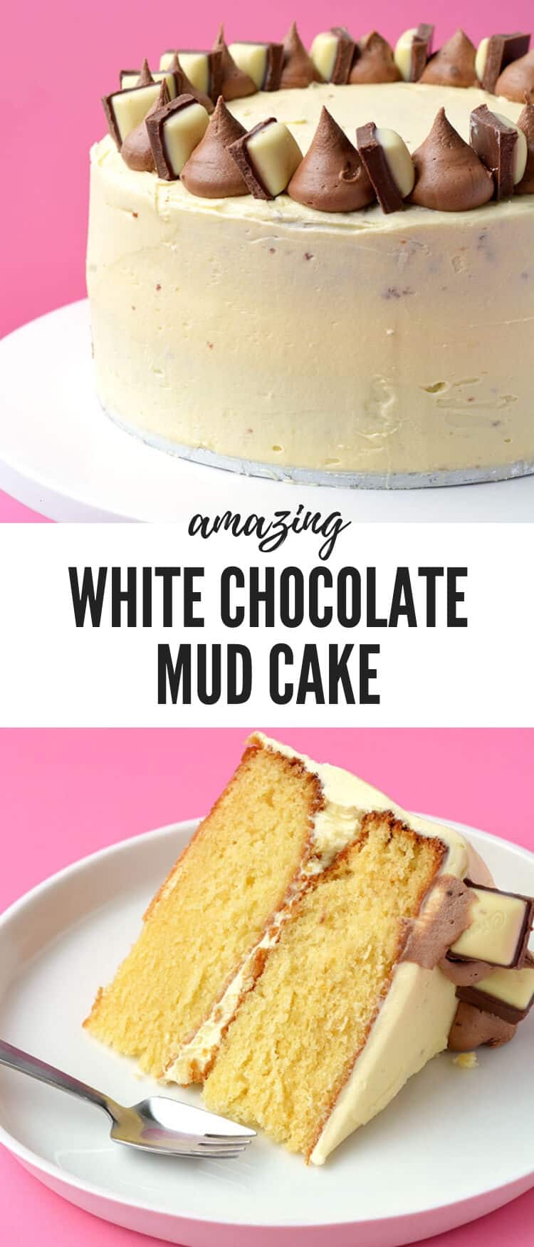 This soft and tender White Chocolate Mud Cake is perfect for your next party or celebration. Two layers of white chocolate mud cake covered in creamy white chocolate buttercream. Recipe from sweetestmenu.com #whitechocolate #cake #mudcake #chocolate #dessert