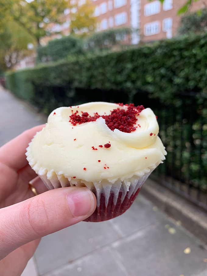 A red velvet cupcake from Hummingbird Bakery in Notting Hill