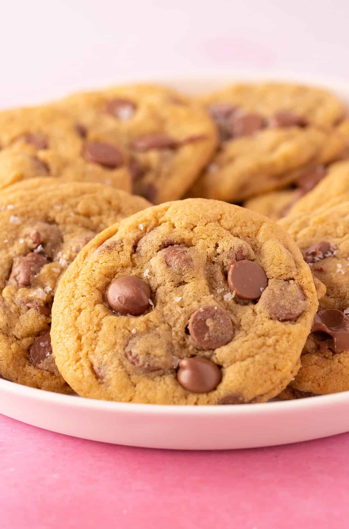 A plate of warm chocolate chip cookies on a pink backdrop.