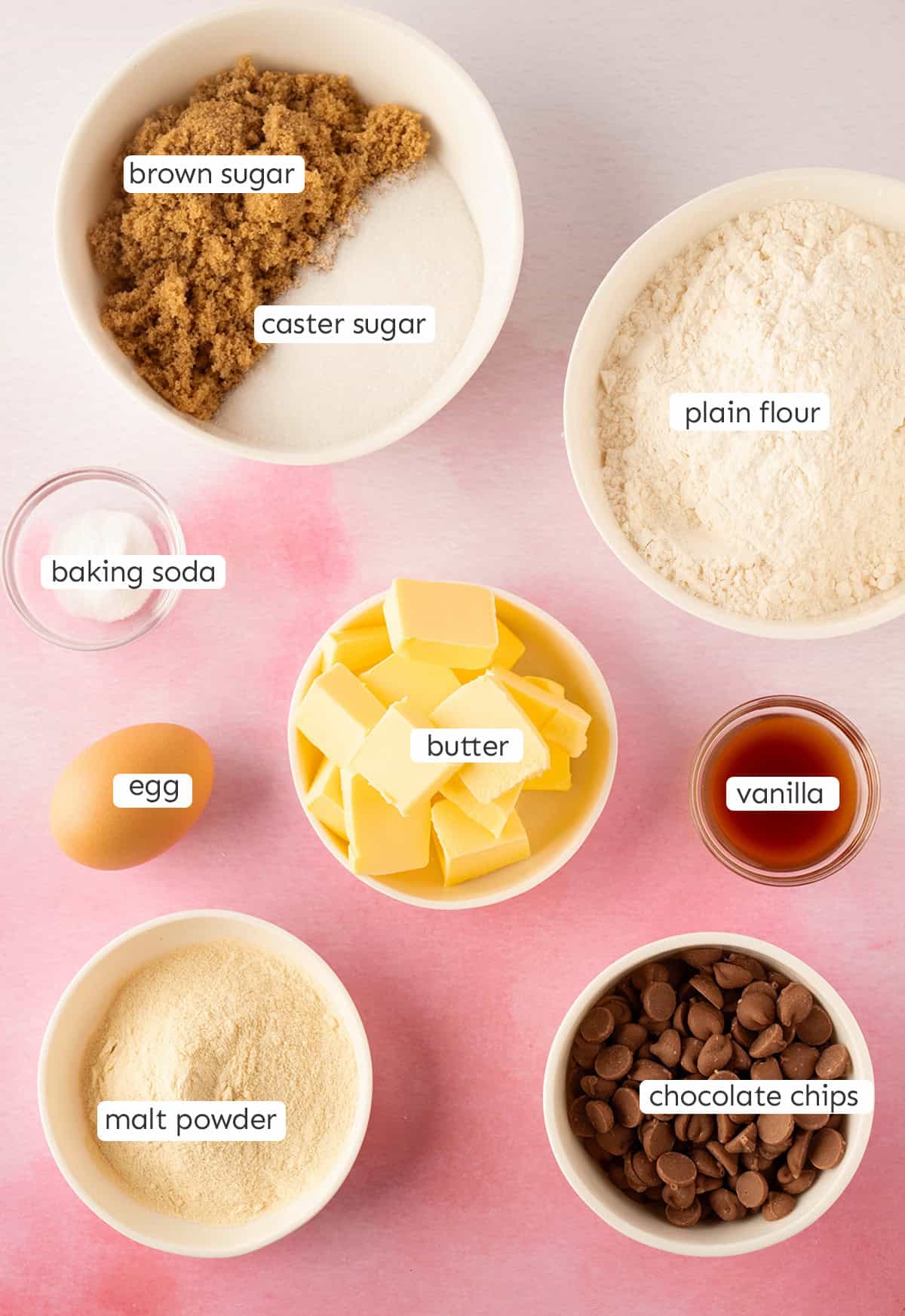 All the ingredients needed to make malt cookies from scratch.