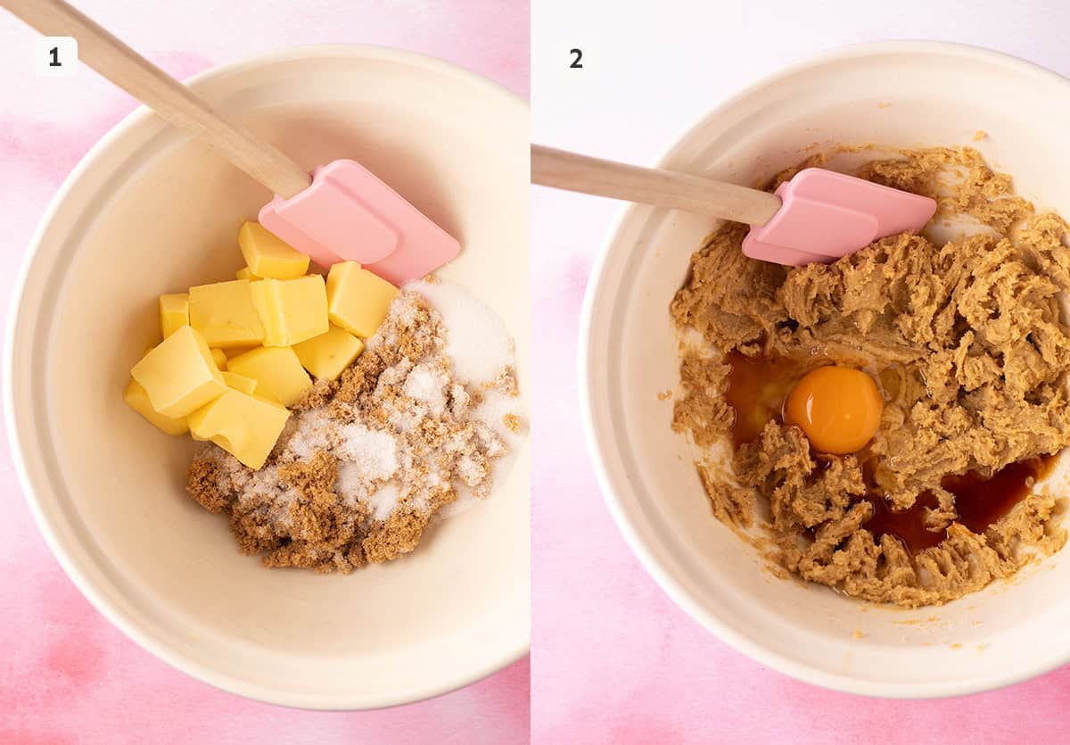 Step by step photos showing how to mix butter and sugar.