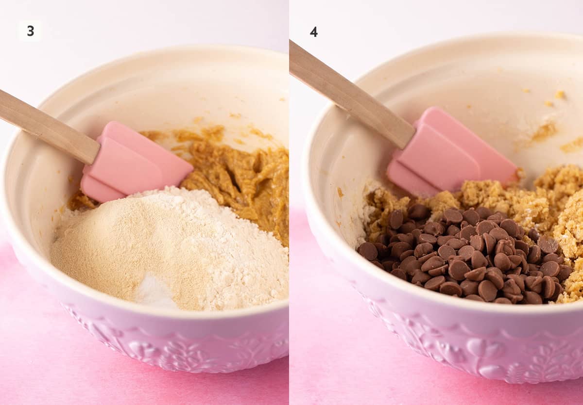 A large purple mixing bowl showing how to making cookie dough from scratch. 