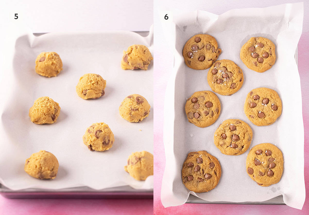 A baking tray with cookie dough before and after being baked in the oven.