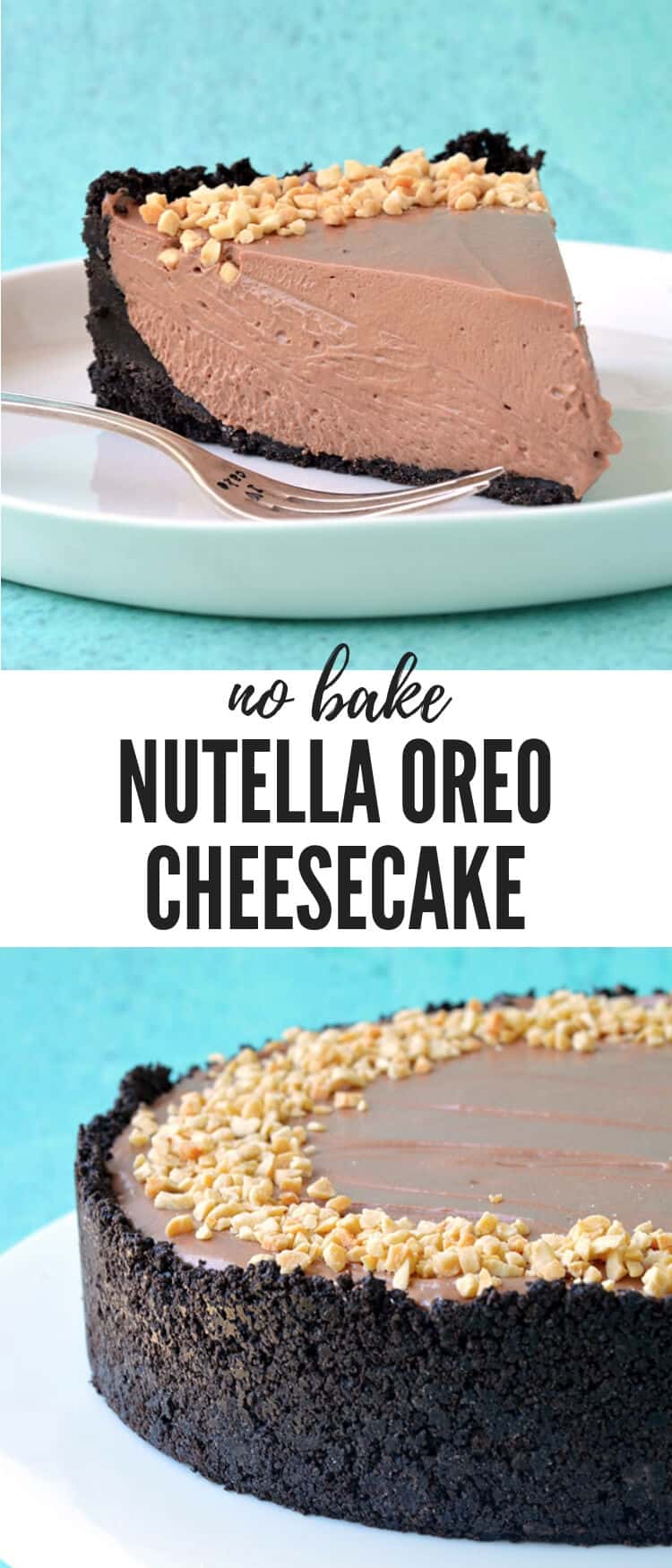 A deliciously rich and creamy Nutella Oreo Cheesecake. This gorgeous no bake cheesecake - made without gelatine - boasts a crunchy Oreo crust and a creamy Nutella cheesecake filling, all topped with roasted hazelnuts. Recipe from sweetestmenu.com #cheesecake #chocolate #oreos #nutella #nobake