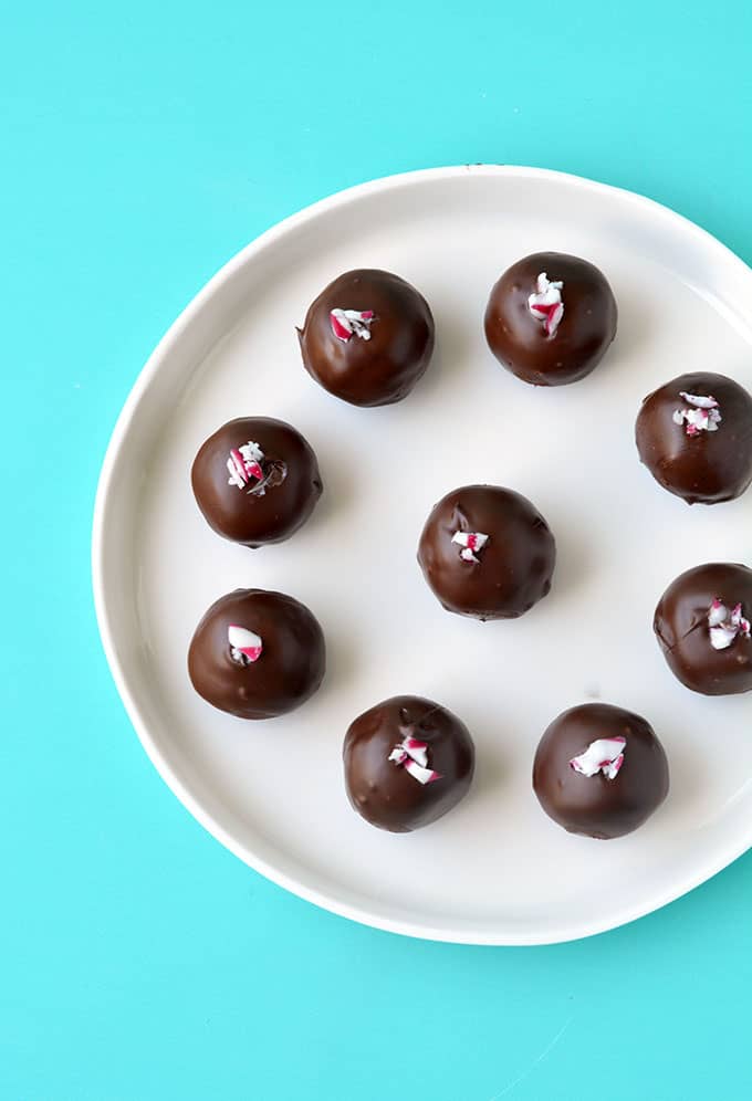 Top view of Peppermint Oreo Truffles on a white plate