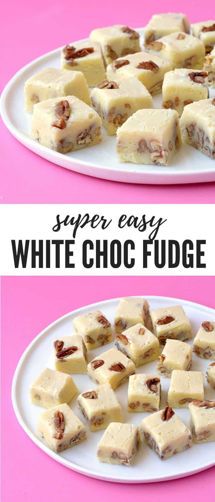 Deliciously creamy White Chocolate Fudge made with sweetened condensed milk. This lovely 6 ingredient fudge is packed with pecans and makes for a sweet Christmas treat. Recipe from sweetestmenu.com #fudge #whitechocolate #christmas #pecans