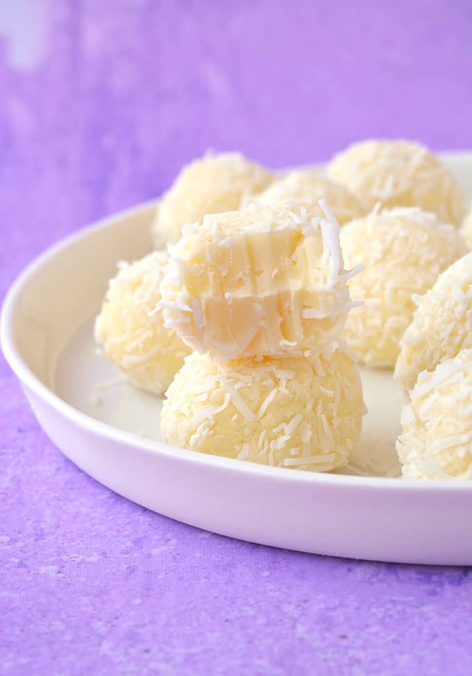 Homemade White Chocolate Truffles with a bite taken out of it