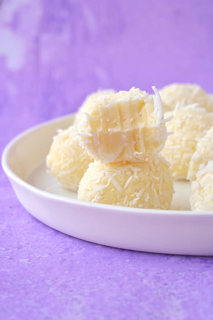 White Chocolate Truffles with a bite taken out of it