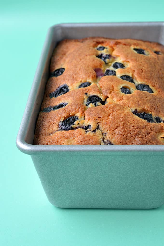 A close-up of a Blueberry Bread loaf