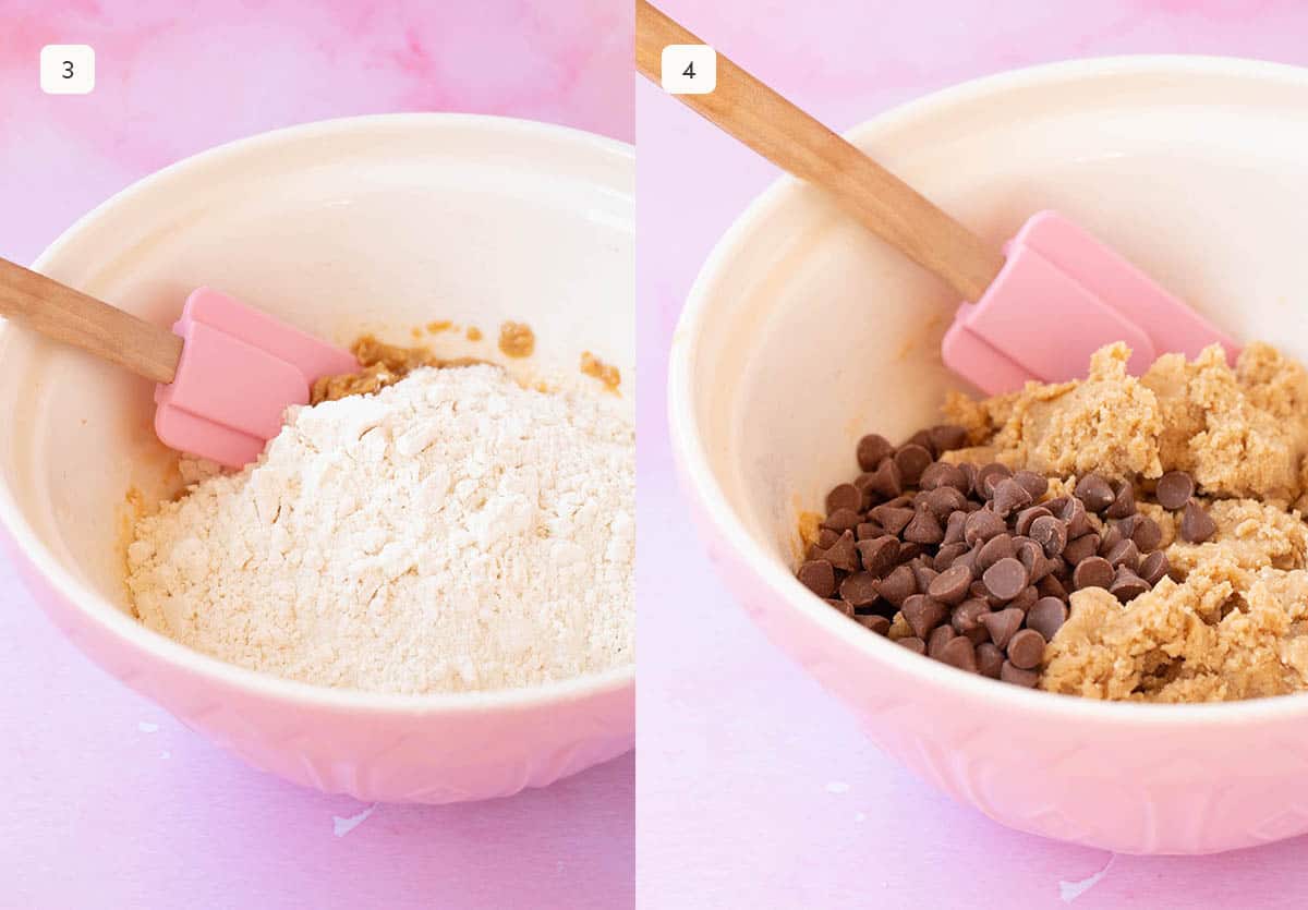 Side by side photos showing how to add flour and chocolate chips into cookie dough. 