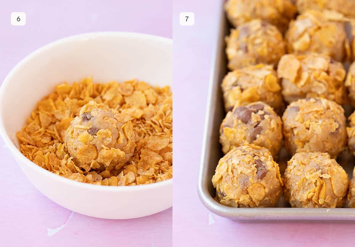 Side by side photos showing how to roll cookie dough in cornflakes ready to bake. 