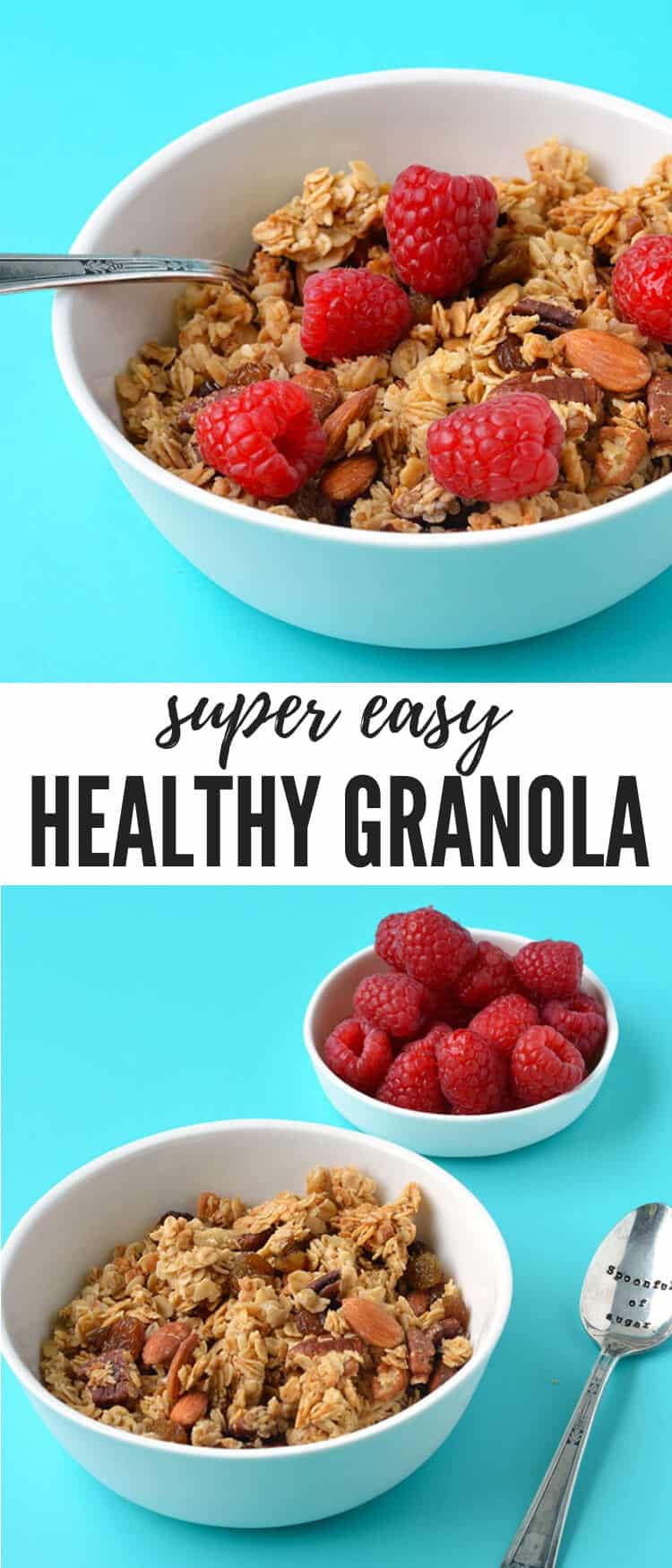 A deliciously easy granola made with just six ingredients, perfect for breakfast or a tasty snack. This toasted granola is packed with pecans, almonds and raisins and flavoured with maple syrup. Find the easy recipe on sweetestmenu.com #granola #nuts #healthy #breakfast