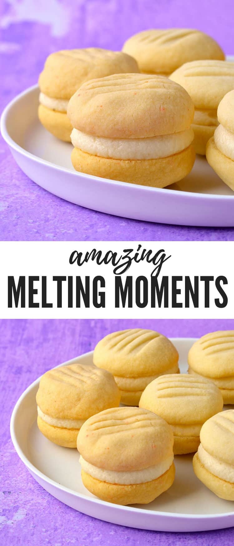Fall in love with these four ingredient Melting Moments. These buttery shortbread cookies are egg free and sandwiched together with creamy vanilla buttercream. Recipe from sweetestmenu.com #cookies #buttercream #shortbread