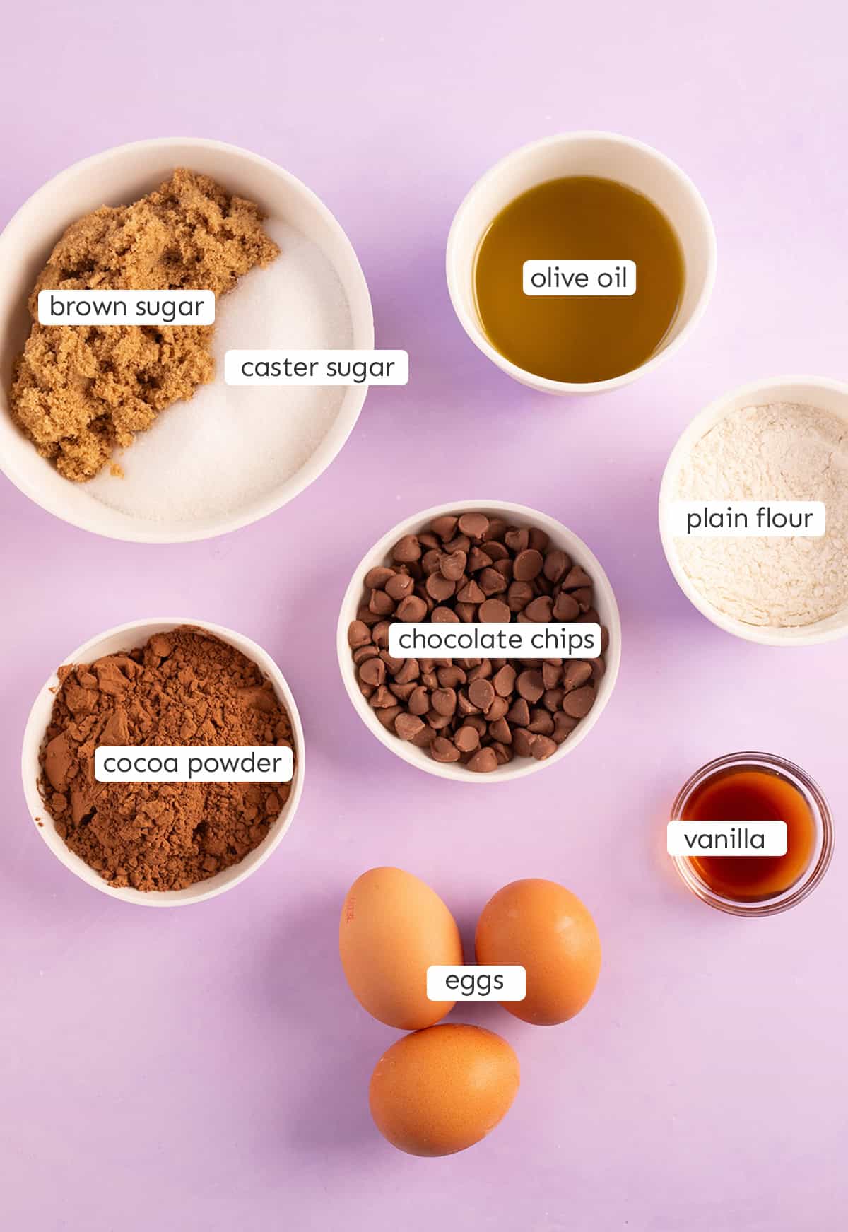 All the ingredients needed to make Jess's olive oil brownies