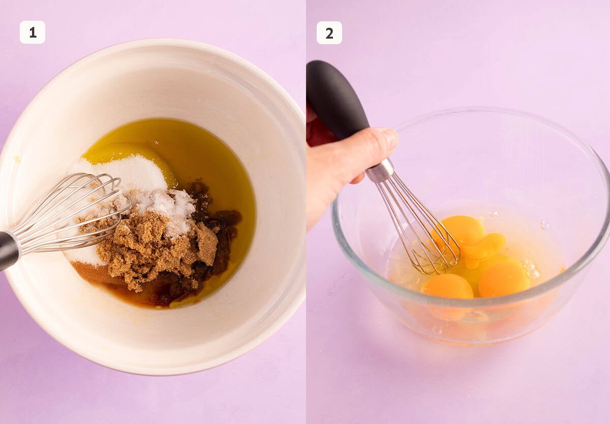 Step by step photos showing how to mix ingredients for olive oil brownies.