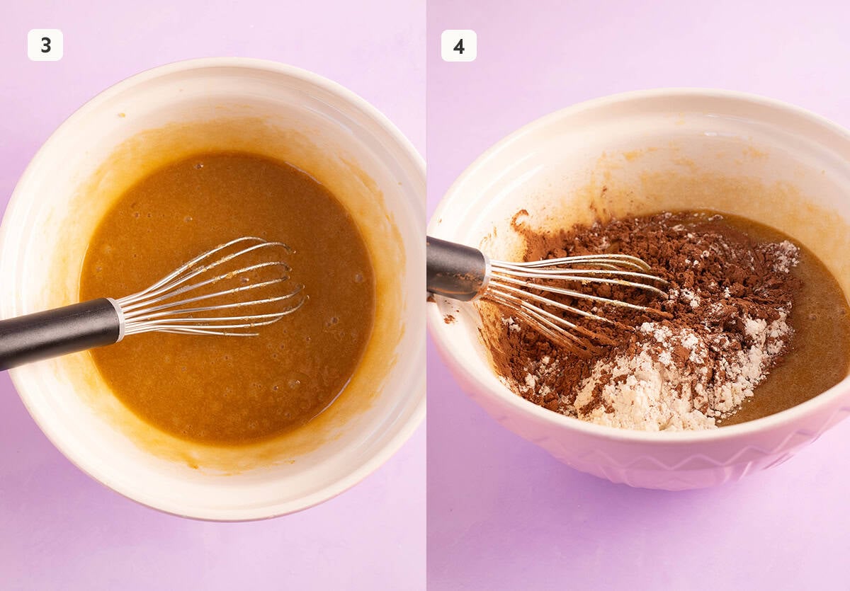 Photo tutorial showing how to mix dry ingredients and wet ingredients.