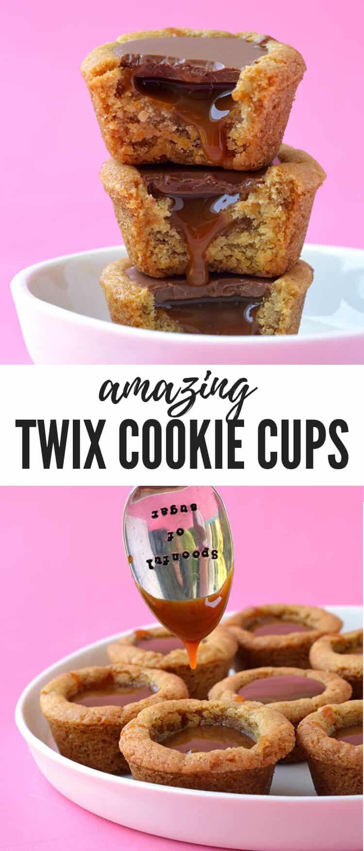 Buttery Twix Cookie Cups made from scratch. These mini cookie cups are made in a mini muffin pan and filled with caramel sauce and milk chocolate - and taste JUST like the real thing! Recipe from sweetestmenu.com #twix #cookies #cookiecups #caramel