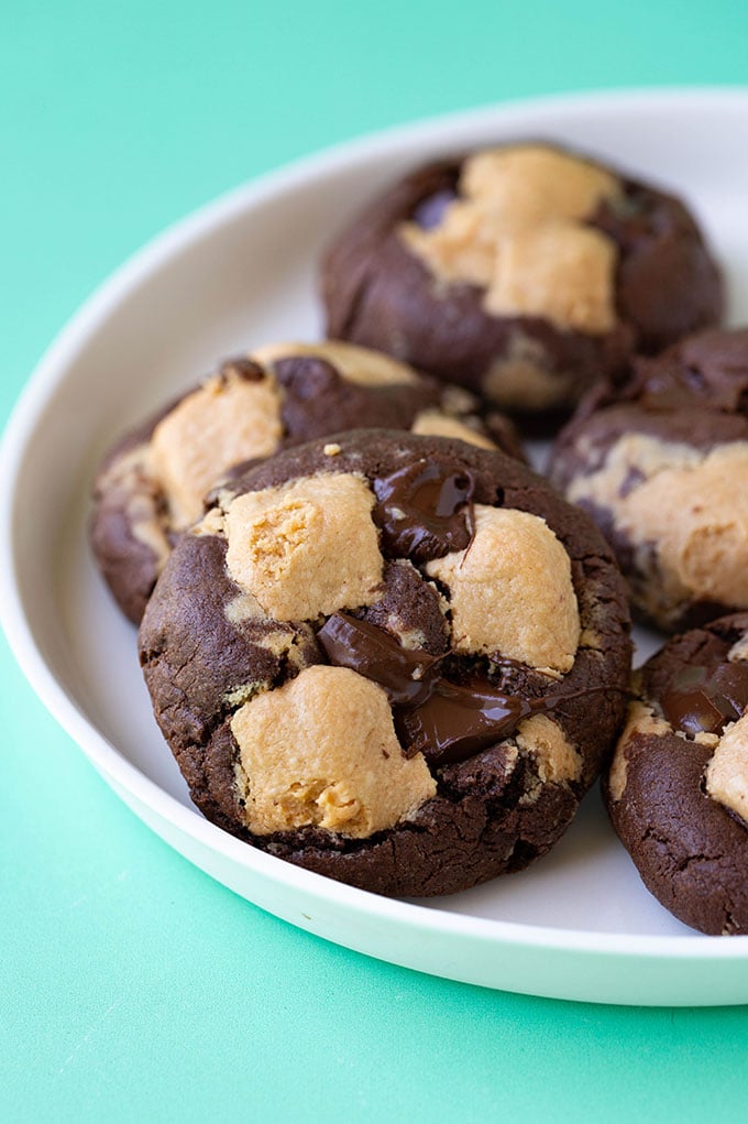 A close up of a plate of homemade Chocolate Peanut Butter Cookies