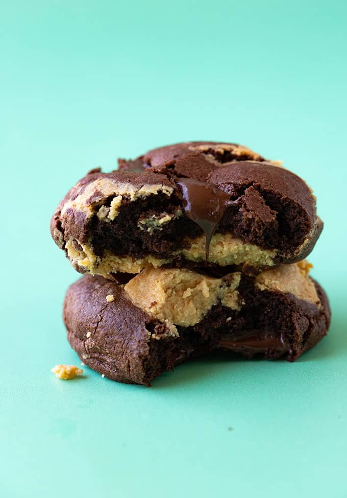 Close up of a Peanut Butter Chocolate Cookies with a bite taken out of it