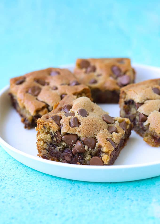 A close up of a homemade chocolate chip cookie bar